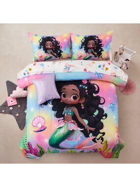 6pcs Kids Comforter Set - Mermaid Princess, Pink Glitter Rainbow, Full Size